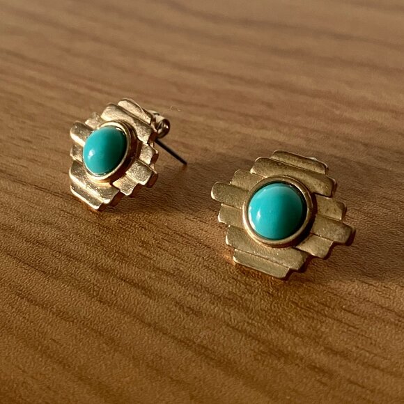 Southwestern, Geometric Turquoise/Gold Stud Earrings - Picture 1 of 6